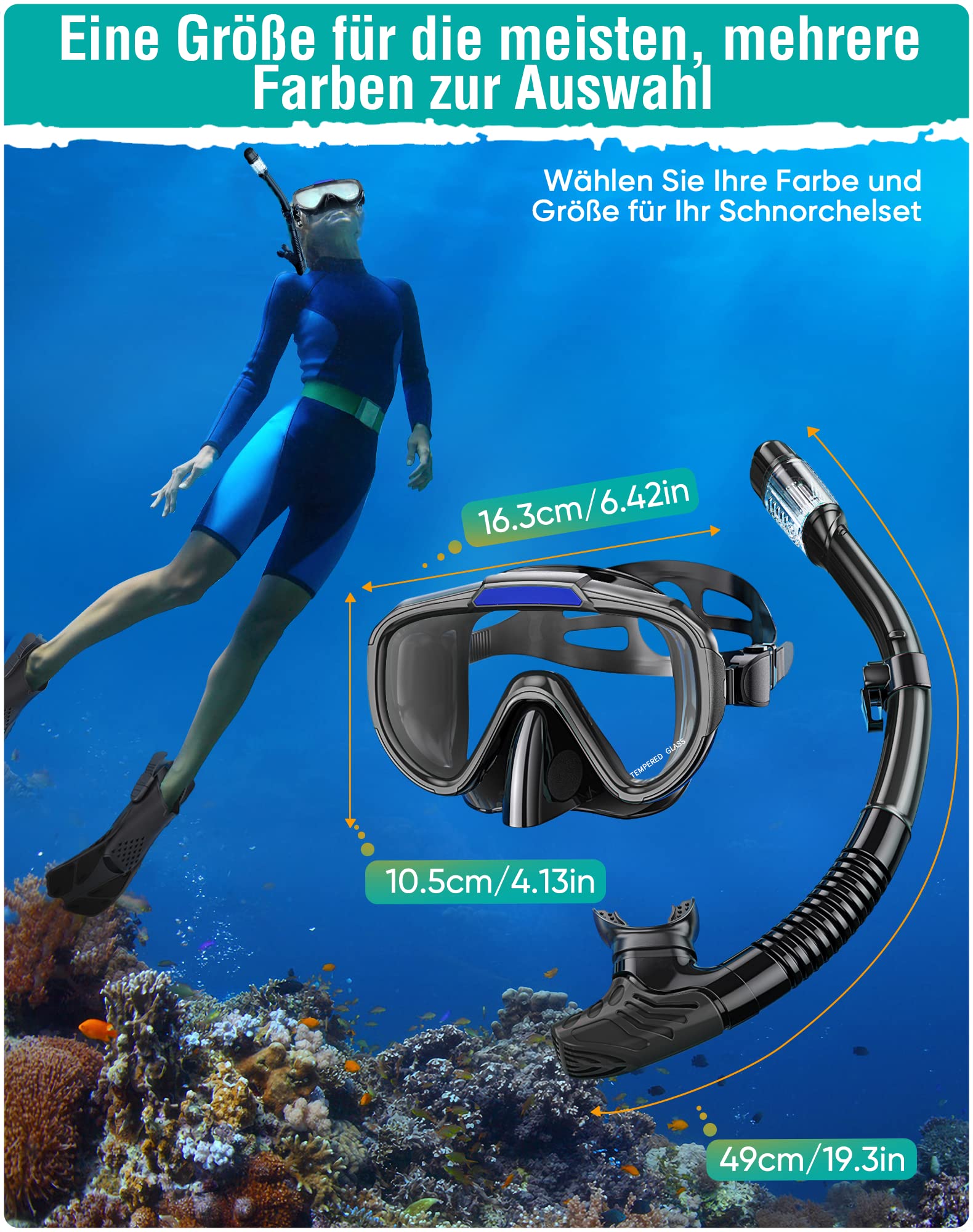 Schnorchelset Erwachsene, Taucherbrille Schnorcheln Set mit Panorama-Weitblick Tauchmaske, Anti-Leck Schnorchelmaske für Schnorcheln, Schwimmen und Tauchen