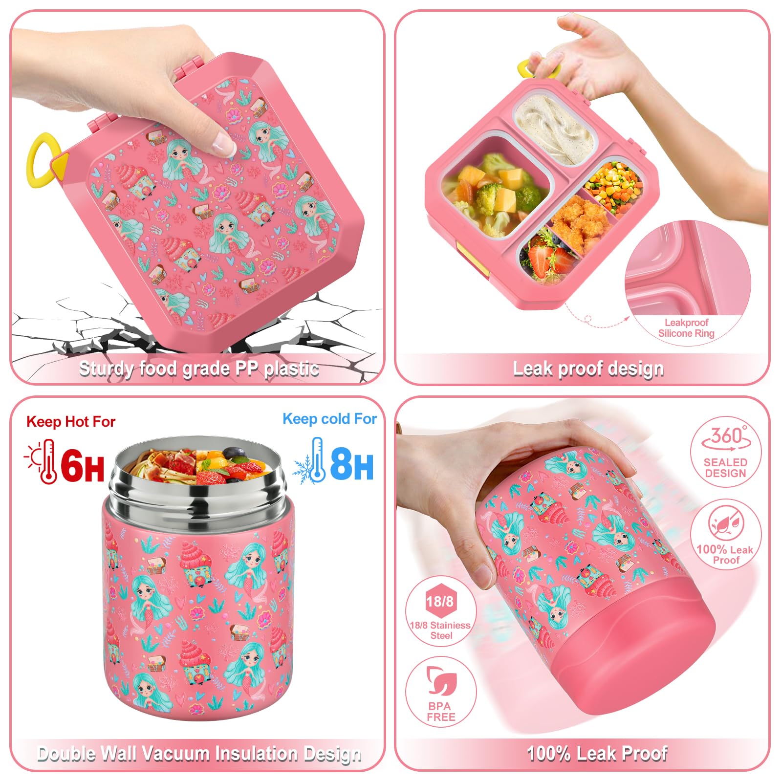 wiwens Juego de lonchera Bento para niños con recipiente térmico de sopa de 12 onzas a prueba de fugas con 5 compartimentos, tarro térmico de comida caliente y bolsa de almuerzo aislada para niños