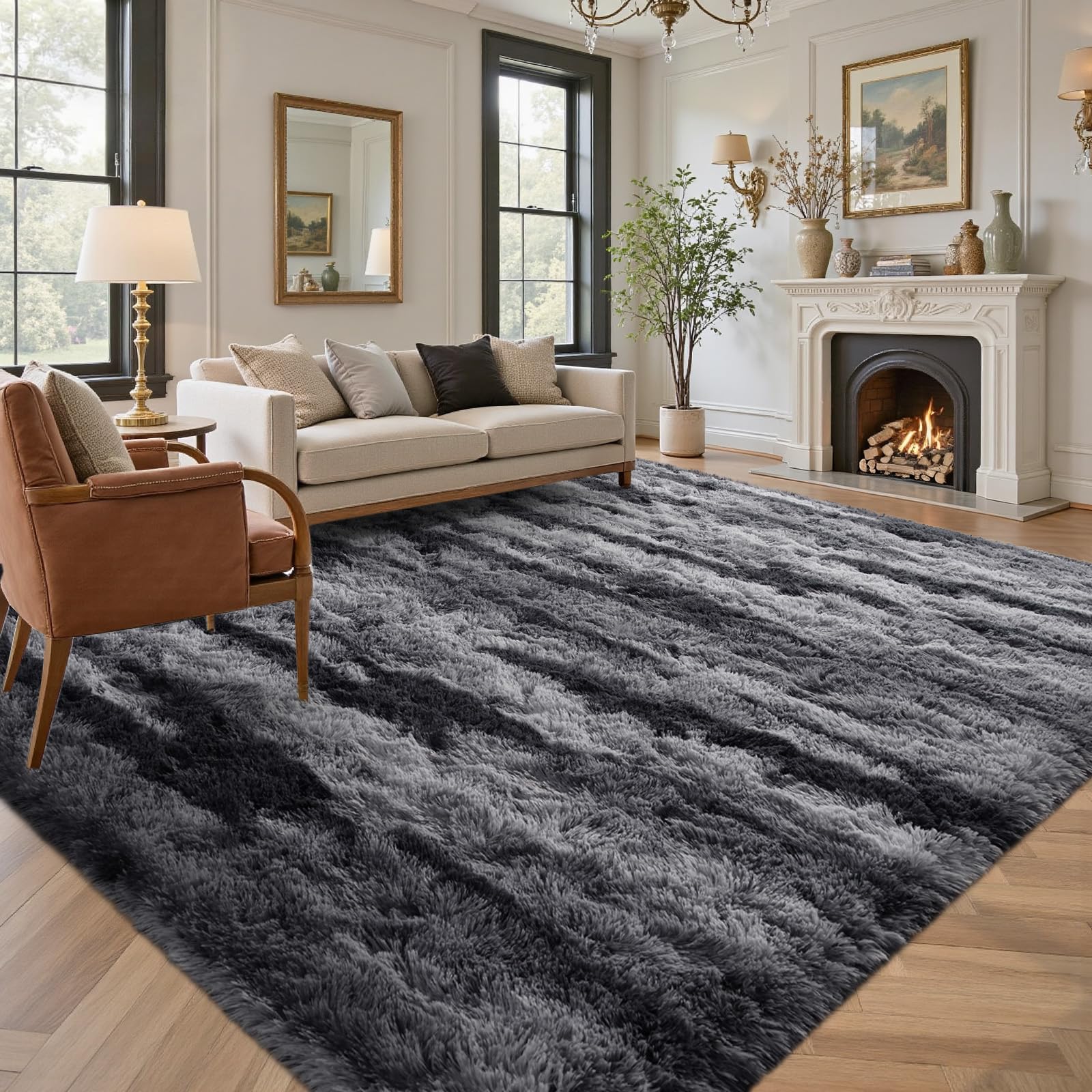 Area Rugs for Living Room 8x10 Feet, Soft Fluffy Shagg Plush Bedroom Rug Non-Slip,Large Carpet for Nursery Kids Dorm Home Decor Black and Silver