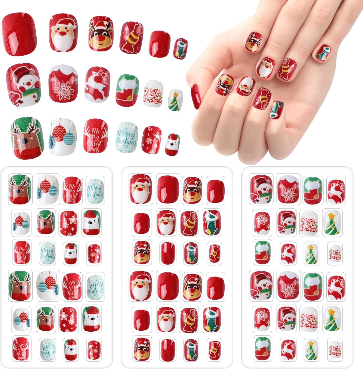 72 Pieces Christmas Kids False Nails Children Press on Fake Nail Full