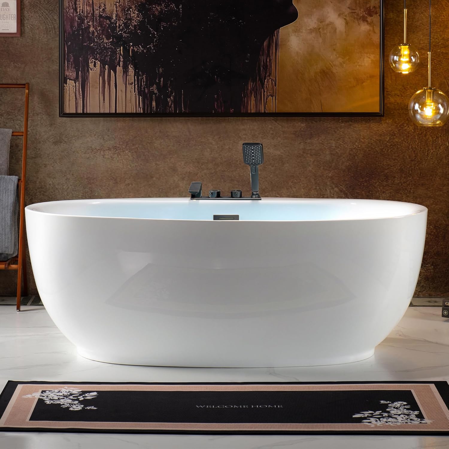 WOODBRIDGE 66" Acrylic Freestanding Bathtub Contemporary Soaking White Tub with F0044 Deck-Mount Faucet in Oil Rubbed Bronze