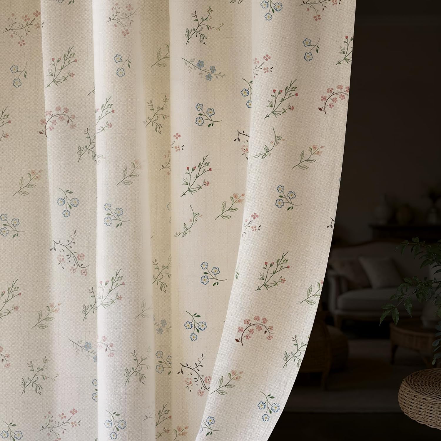 Vintage Floral 100% Blackout Curtains - Linen Texture 2 Panels 52"W x 84"L