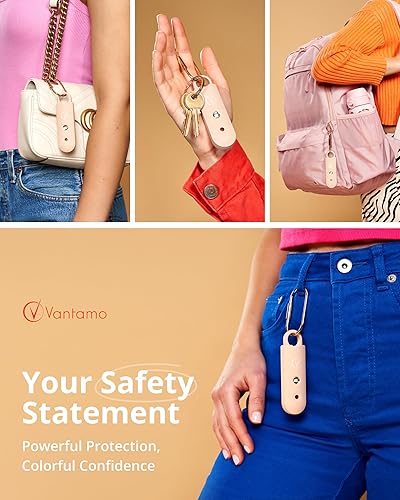 Miniatura 8 de Vantamo Alarma personal para mujer, altavoces dobles extra fuertes, primero con aviso de batería baja con luz estroboscópica, recargable, llavero de