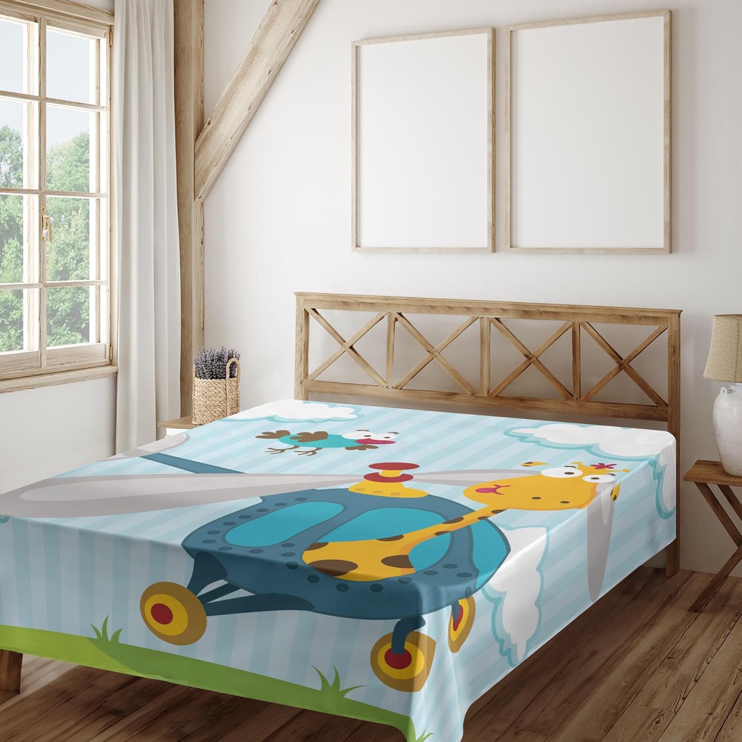 Ambesonne Cartoon Flat Sheet, Funny Giraffe and Bird on Helicopter Fluffy Clouds Grass Adventure Journey, Soft Comfortable Top Sheet Decorative Bedding 1 Piece, Full Size, Blue Yellow Green