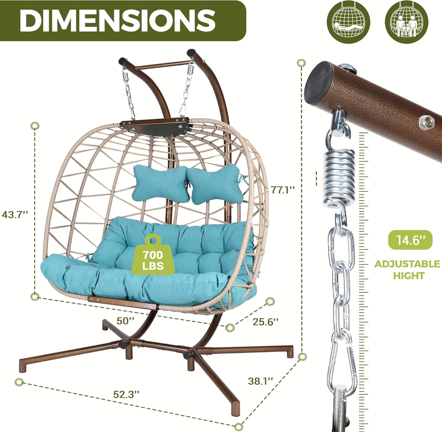 RADIATA 2 Person Double Swing Egg Chair with Stand and Cover, Oversized Outdoor Hanging Hammock Patio Chairs, Extra Large Outside Comfy Wicker Loveseat with Cushion for Backyard Balcony Indoor, Teal