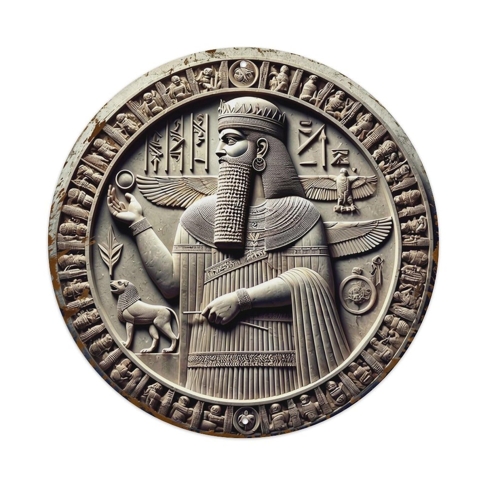 Egyptian Pharaoh Relief Artwork Round Metal Tin Sign Vintage Wall Decor, Bar Garage Cafe Kitchen Home Wall Art Poster 8x8inches