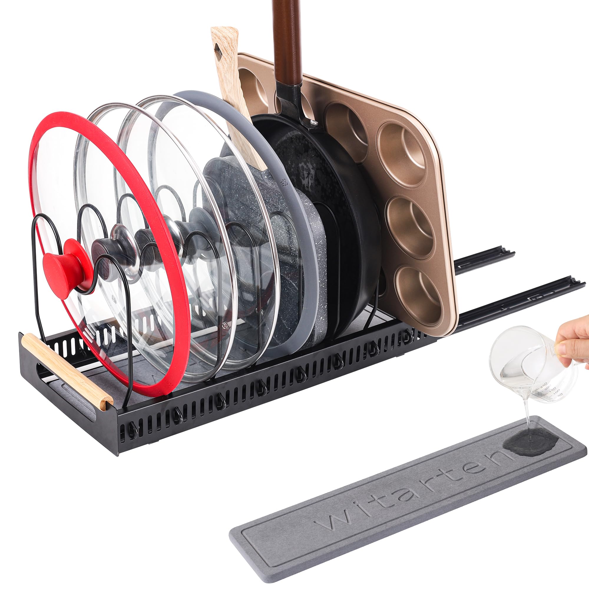 buysigo Pots and Pans Organizer Rack for under Cabinet with Stone Dish Mat,Pull out Pan Organizers inside Cabinet for Kitchen Cabinet Organizers and Storage