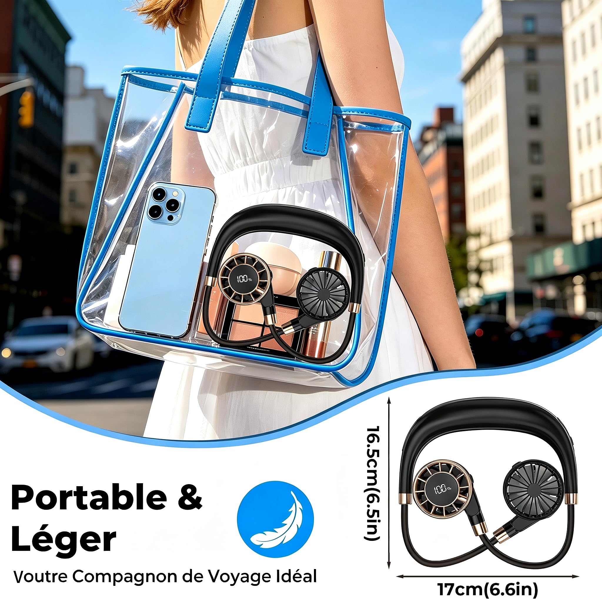 Ventilateur de Cou, 4000mAh USB Ventilateur de Cou Portable avec 6 Vitesses, Ventilateur Cou à Double Tête & Flux d’Air 360°, Ultra-Léger, Mains Libres pour Bureau, Voyage, Trajet, Extérieur, Cuisiner