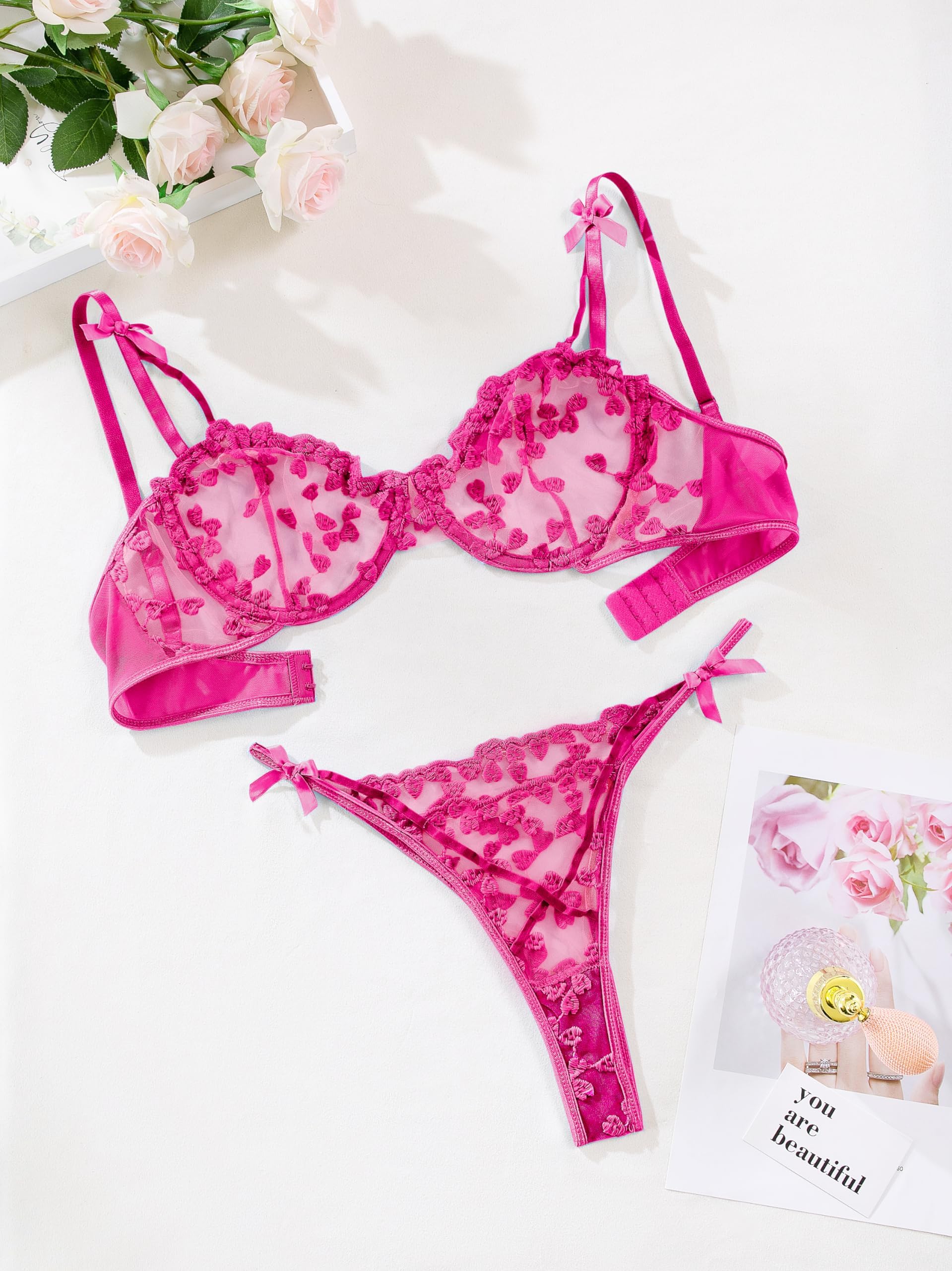 Lilosy Sexy Underwire Cute Push Up Strappy Embroidered Mesh Sheer Lingerie Set See Through Panty Bra: 3X-Large Bow Hot Pink