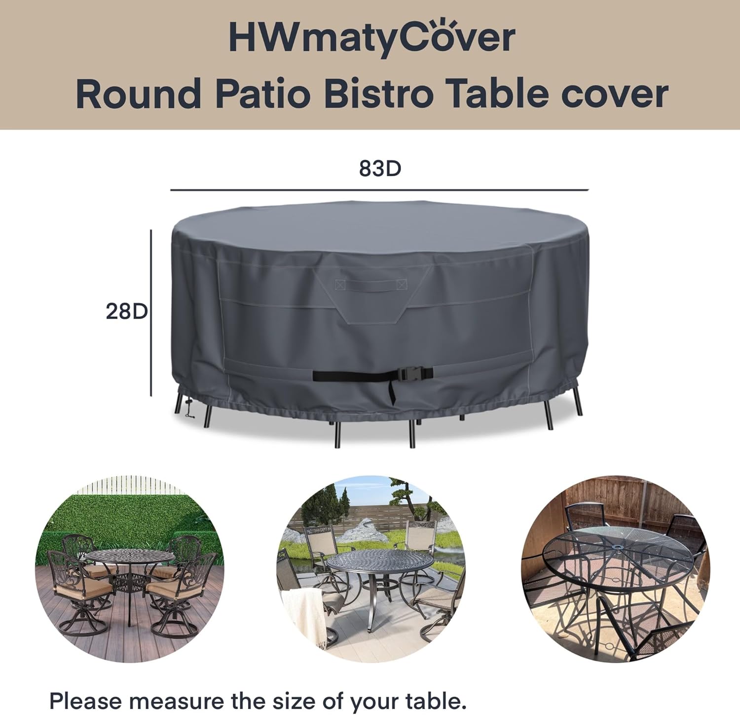 Round Patio Furniture Cover, 600D Heavy Duty Oxford Waterproof Outdoor Table and Chair Set Cover, 83" Dia x 28"H, UV Resistant All-Season Protection with Air Vents and Drawstring, Grey