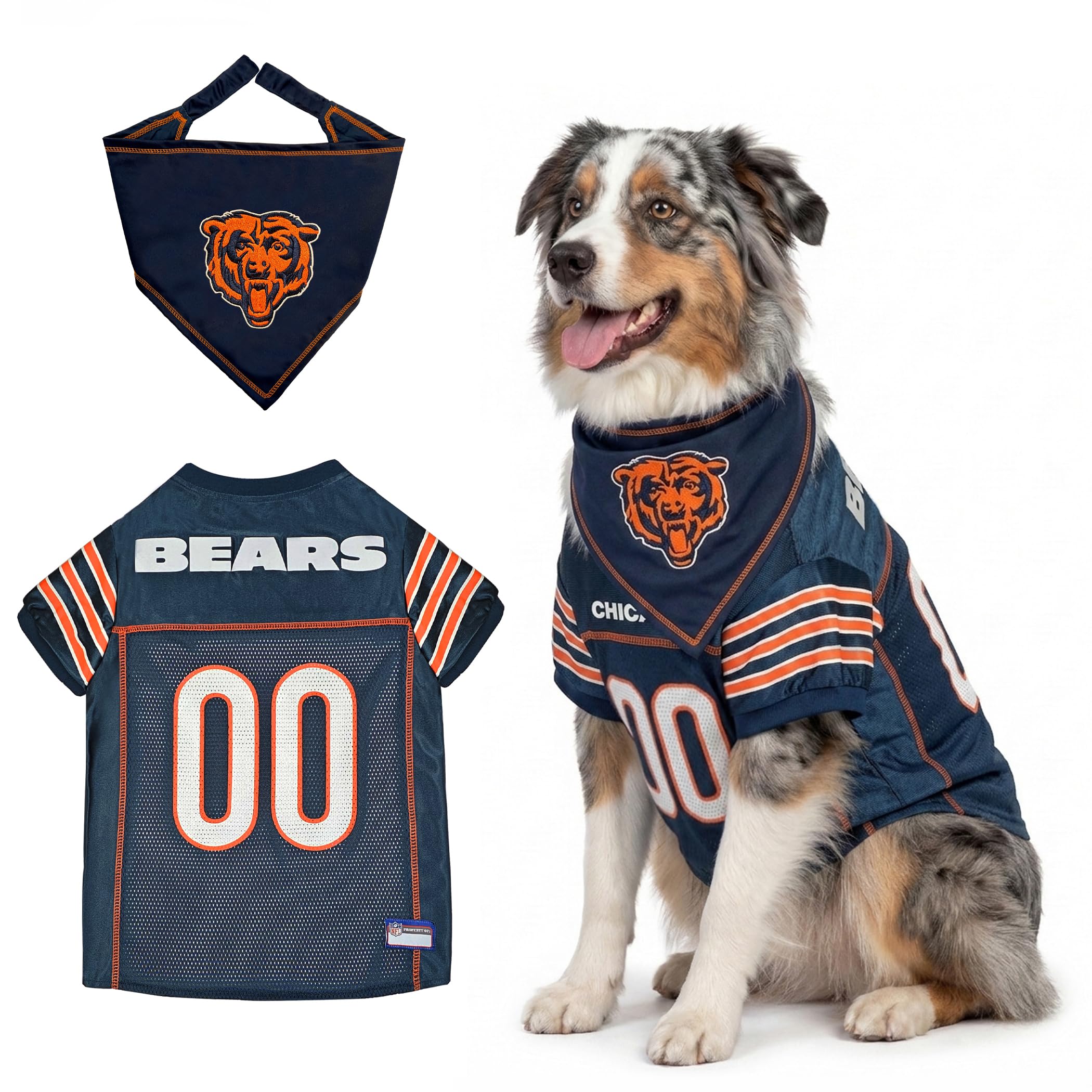 Pets First NFL Chicago Bears Dog Jersey with Coordinated Tie Bandana Included, Size X-Large Official NFL Pet Apparel, Breathable Mesh, Durable, Team Logo Design, Dog Sports T-Shirt