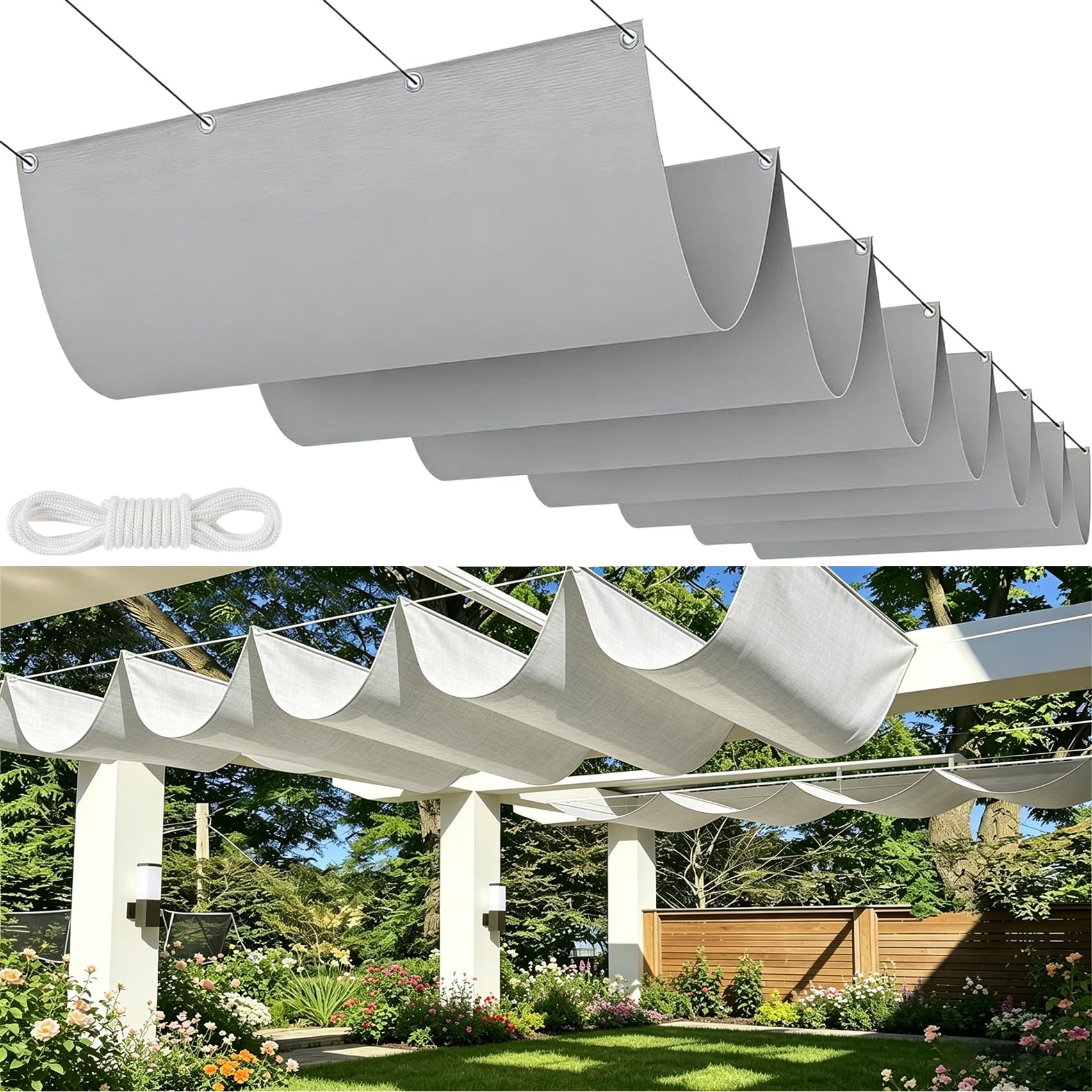 Rozwijana Markiza 310 x 430 cm Ochrona Przed Słońcem, Wodoodporny, Odporny Na Promieniowanie Uv, Odporny Na Rozdarcia Baldachim Z Tkaniny Zacieniającej Z Liną Na Zewnątrz, Do Ogrodu, Jasny szary