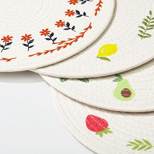 Miniatura 7 de fanquare Juego de 4 manteles individuales redondos con rayas rojas, estilo moderno, cuerda de algodón grueso, trenzada, duraderos, absorbentes, para