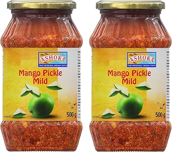 Ashoka Mango Pickle Mild 500g Pack of 2 - Perfect as a Side Condiment for Any Indian Dish - Eaten With Indian Dinner or With Indian Breakfast