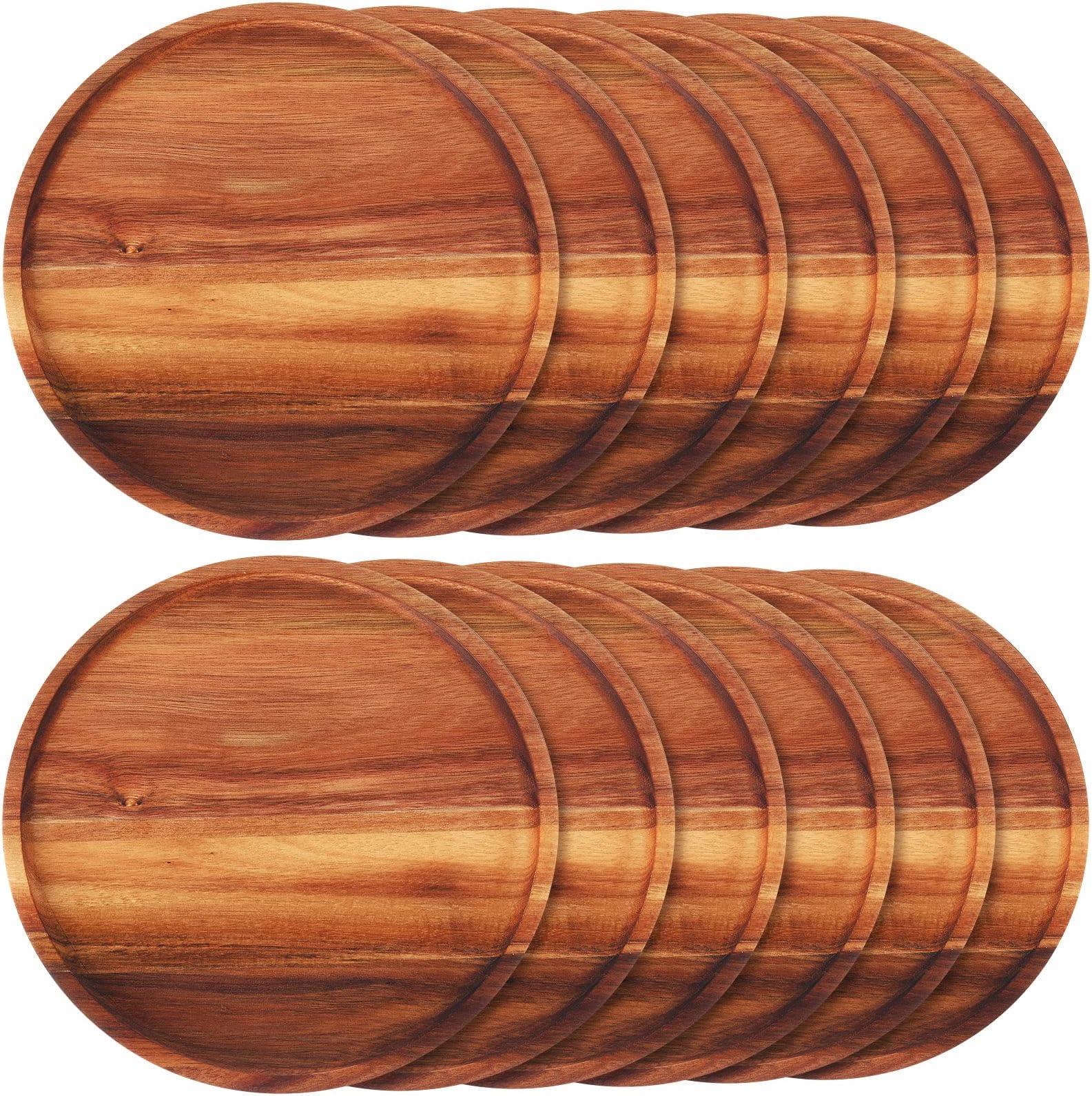 12 Pcs Acacia Wood Dinner Plates Round Wood Dishes Wooden Charger Serving Tray Easy Cleaning Lightweight Unbreakable Classic Plate for Snack Dessert Housewarming Gift(0.95 Inches)
