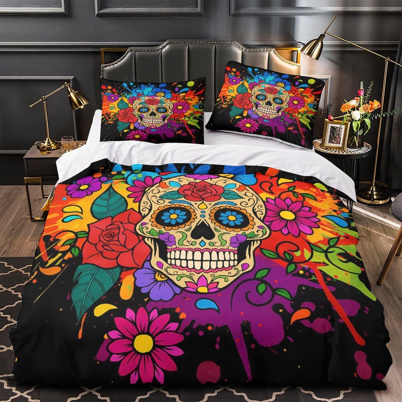 Housse de couette Sugar Skull 220x240 avec taies d'oreiller, parure de lit respirante et durable
