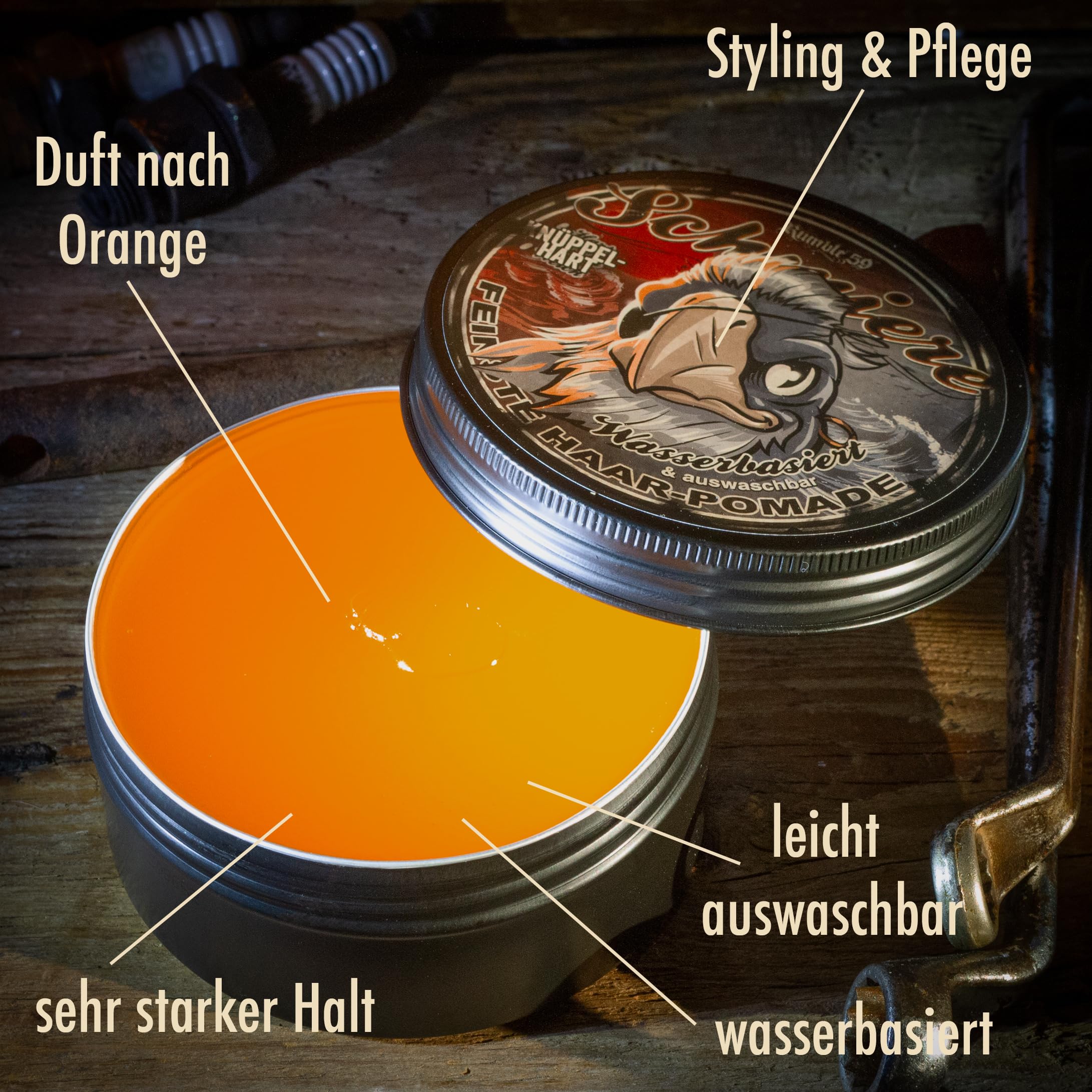 Rumble59 - Schmiere Pomade für Männer - Klassiker mit Orangenduft - 250 ml, extra starker Halt - wasserbasierte Haar Pomade, auswaschbar - Hairstyling Made in Germany