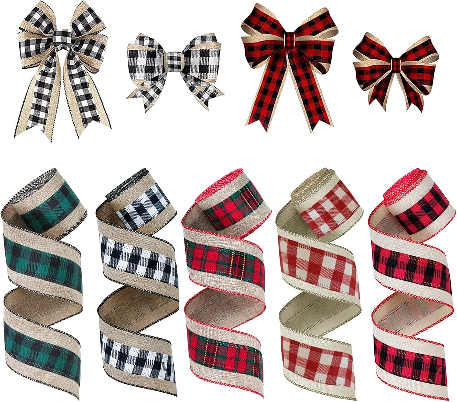7 Rolls 43.7 Yards Christmas Burlap Fabric Craft Ribbon Christmas Wired Plaid Ribbons Buffalo Check Ribbon Plaid Wired Edge Ribbon Wrapping Ribbon for DIY Christmas Wedding Crafts Wreath Bows Decor