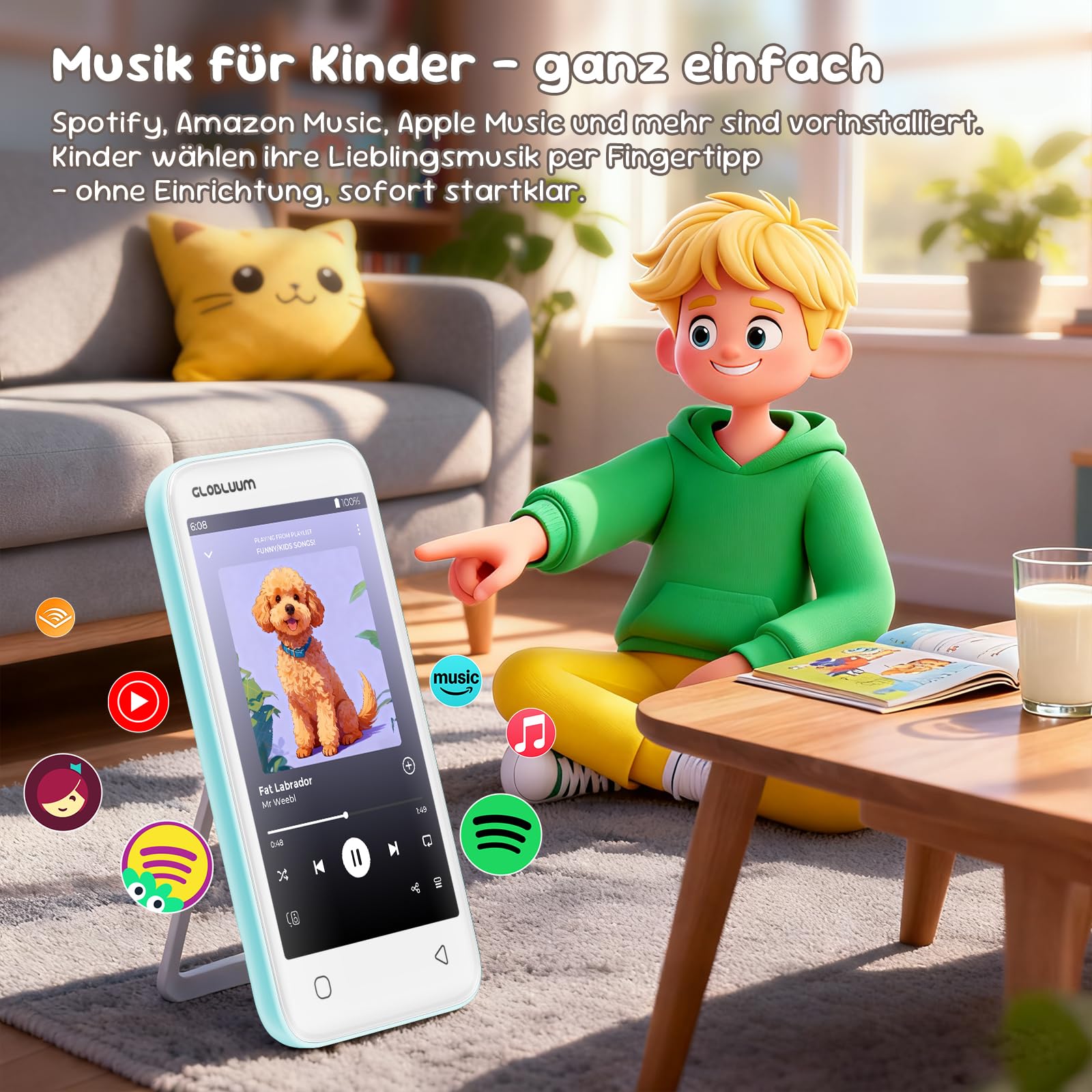 MP3-Player für Kinder, Kindersicherung, 16GB, unterstützt Spotify und Audible, Bluetooth und WLAN (Minzgrün) DE