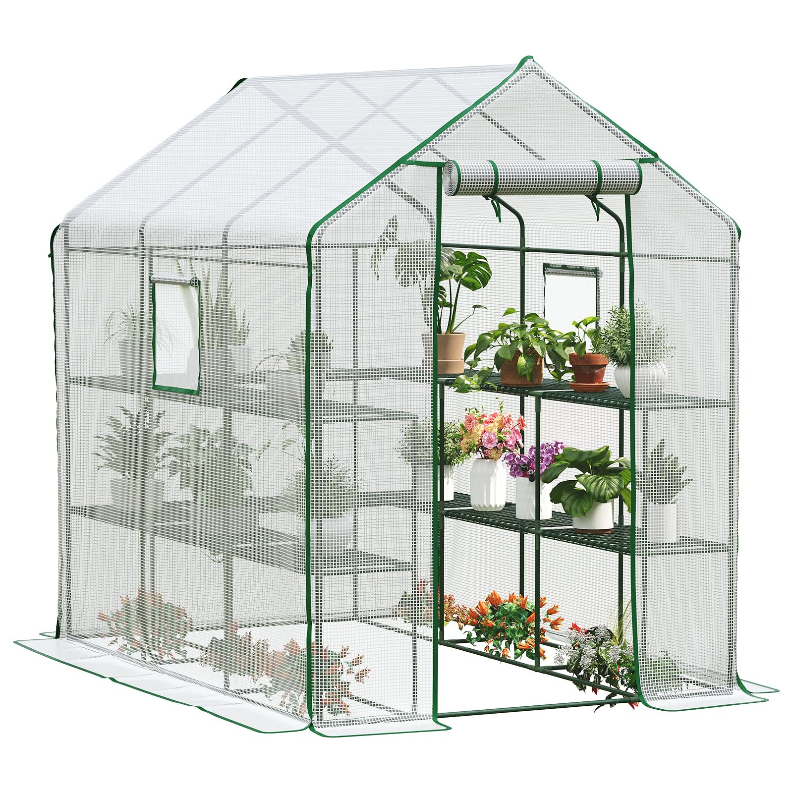 LARMNEE Invernadero para Jardín, Marco Acero Jardinería Invernadero, 212 x 145 x 147/198 cm, Vivero de Plantas con 14 Estantes, Caseta para Tomates, Verduras, Frutas, Flores, Blanco EWT13GH02G1