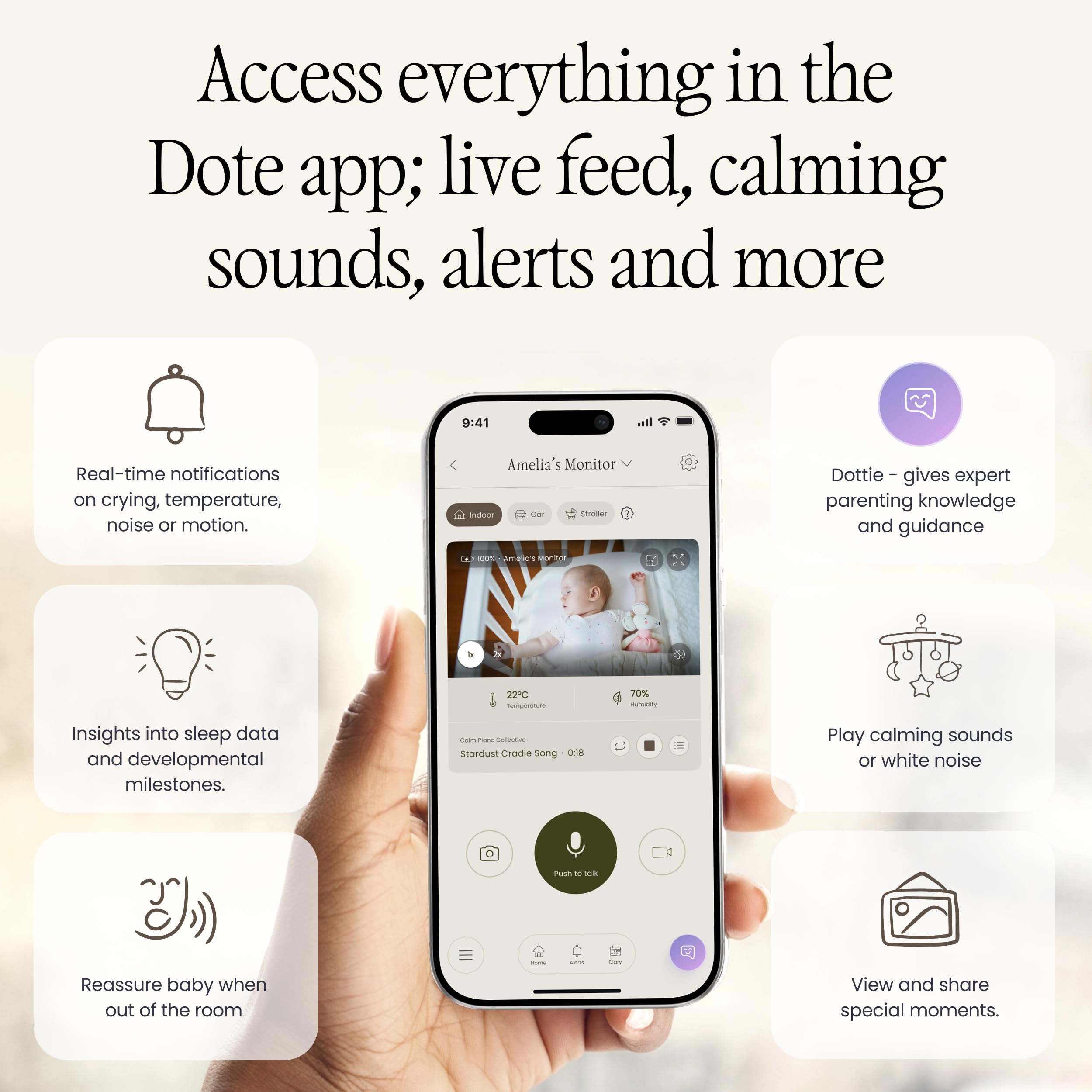 dote Buddy Portable Baby Monitor for Home, Car & Stroller. Built-in AI-Powered Parenting Assistant. 2.5k QHD WiFi Camera, Night-Vision, Smart Cry Detection, Virtual Boundaries — view 5
