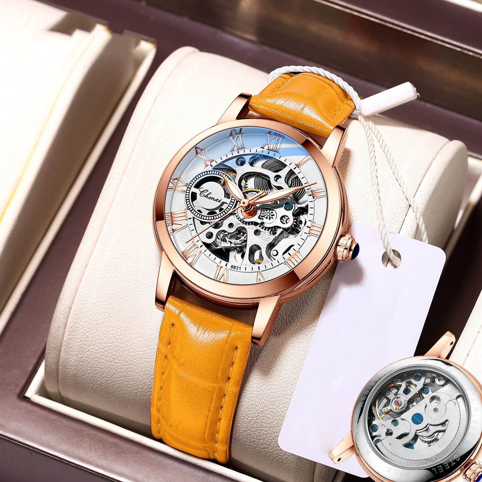 MASTOP Famale, orologio da donna con zaffiro, automatico, steampunk, cinturino in pelle con scheletro dorato, per