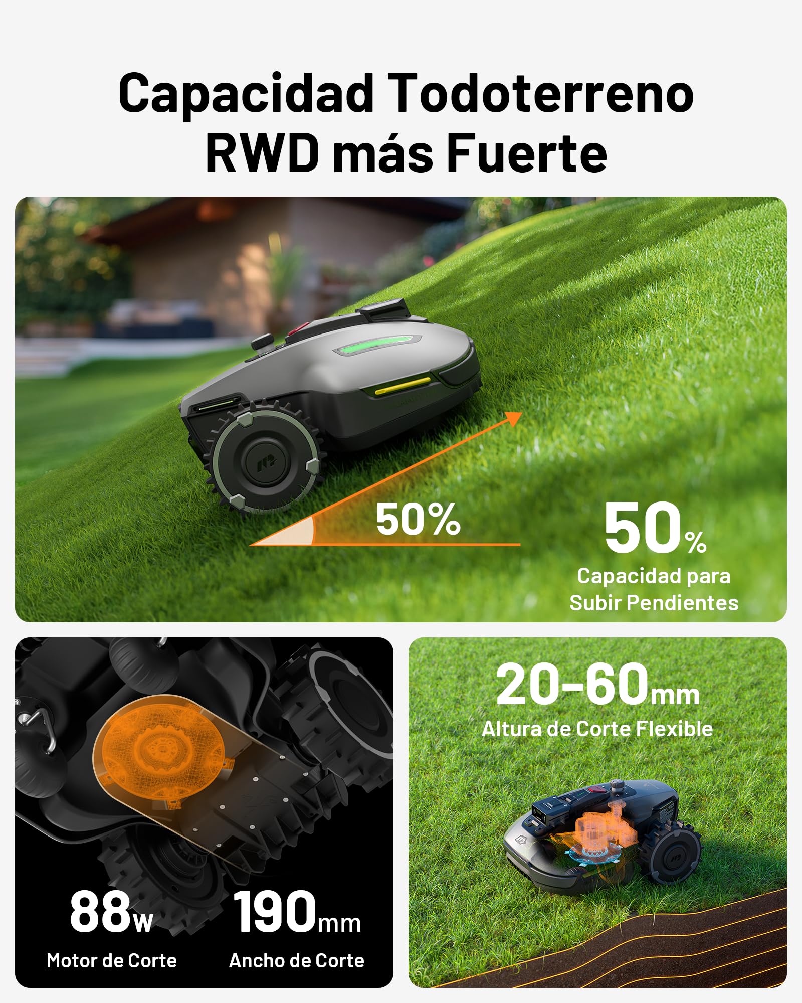 MAMMOTION YUKA Mini 700 Robot Cortacésped Perimetral sin Cables, Recomendado 700m², MAX. 1100m², Auto Mapping Visión 3D AI, 50% Pendiente, 5 Cuchillas Pivotantes, con Módulo 4G