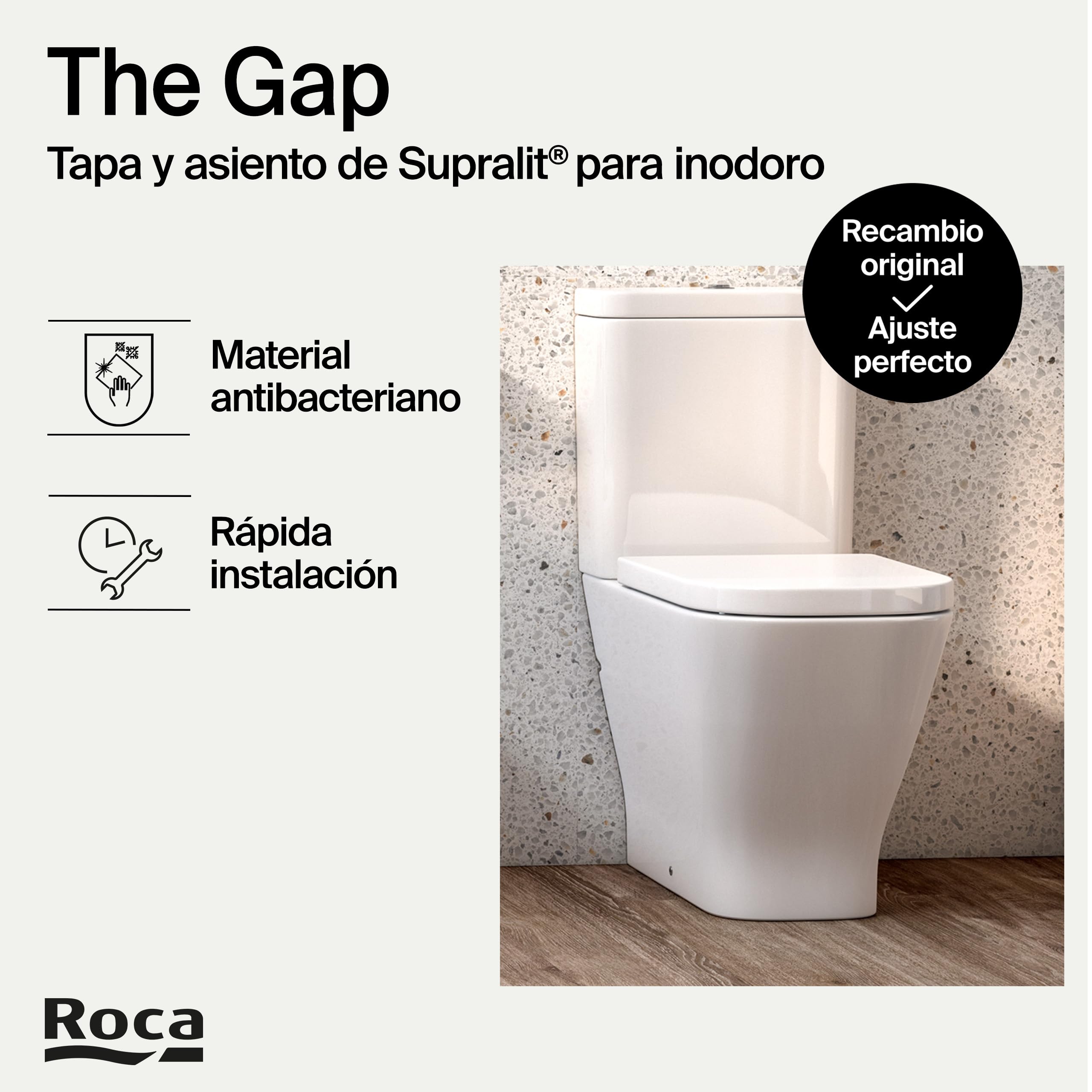 Roca The Gap - Tapa y asiento de Supralit para inodoro de tanque bajo, tapadera de WC original con ajuste perfecto, recambio de tapa de váter resistente, blanco, A80147000B