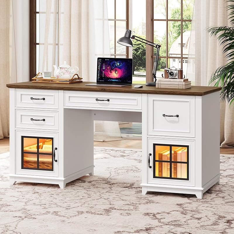 RALGEND 58" Farmhouse Desk with Drawers, Executive Desk with Power Outlet
