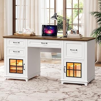 RALGEND 58" Executive Desk, Farmhouse Computer Desk with Drawers and File Cabinet, LED Light, Wooden Home Office Desk with Charging Station, Workspace for Study Writing, White and Walnut