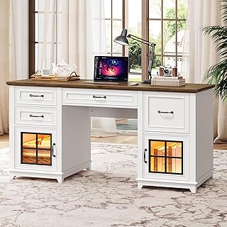58" Executive Desk, Farmhouse Computer Desk with Drawers and File Cabinet, LED Light, Wooden Home Office Desk with Charging Station, Workspace for Study Writing, White and Walnut