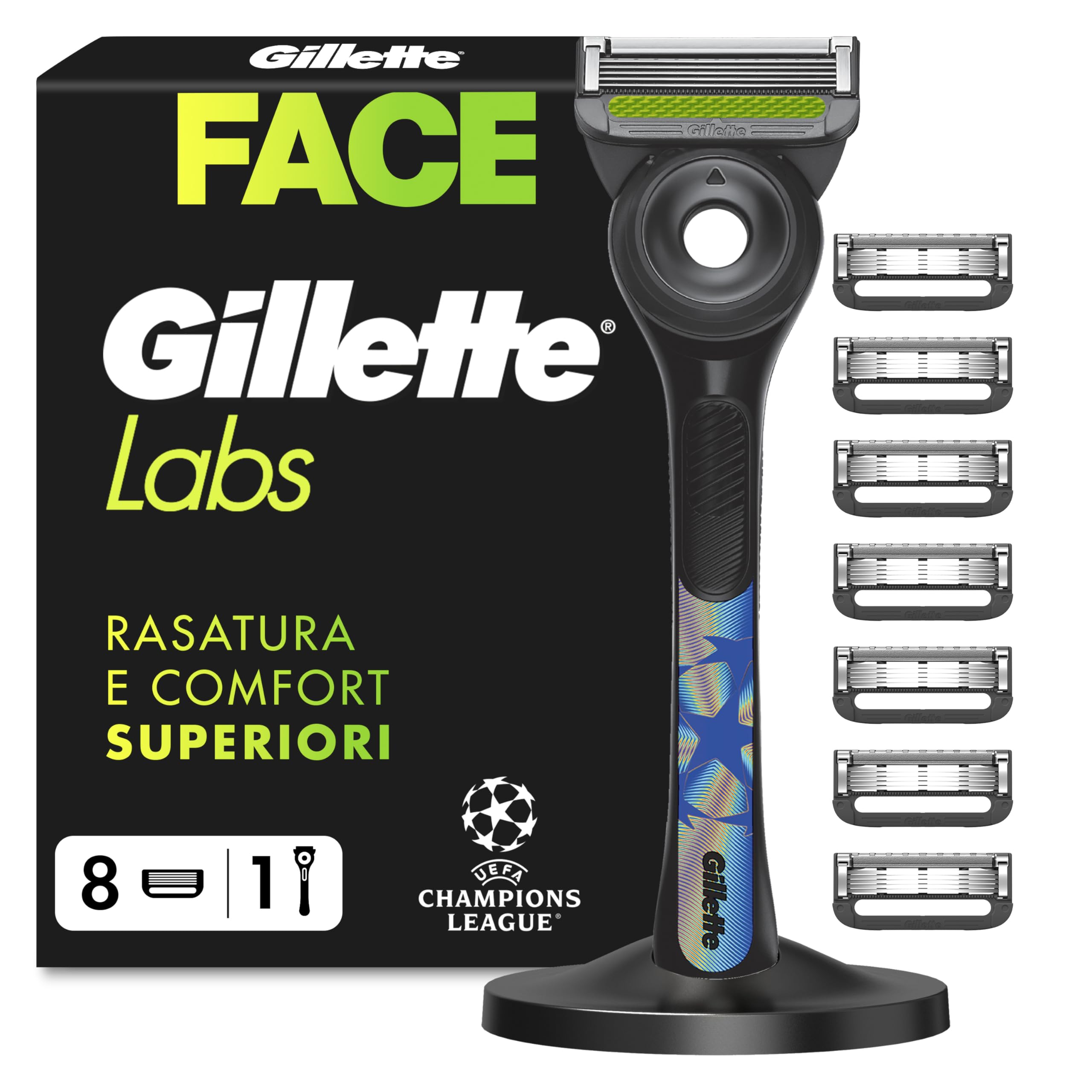 Gillette Uefa Champions League Special Edition Gillette Labs Rasoio a Mano Libera con Barra Esfoliante, 1 Manico + 8 Lamette di Ricambio, Include Base Magnetica Premium
