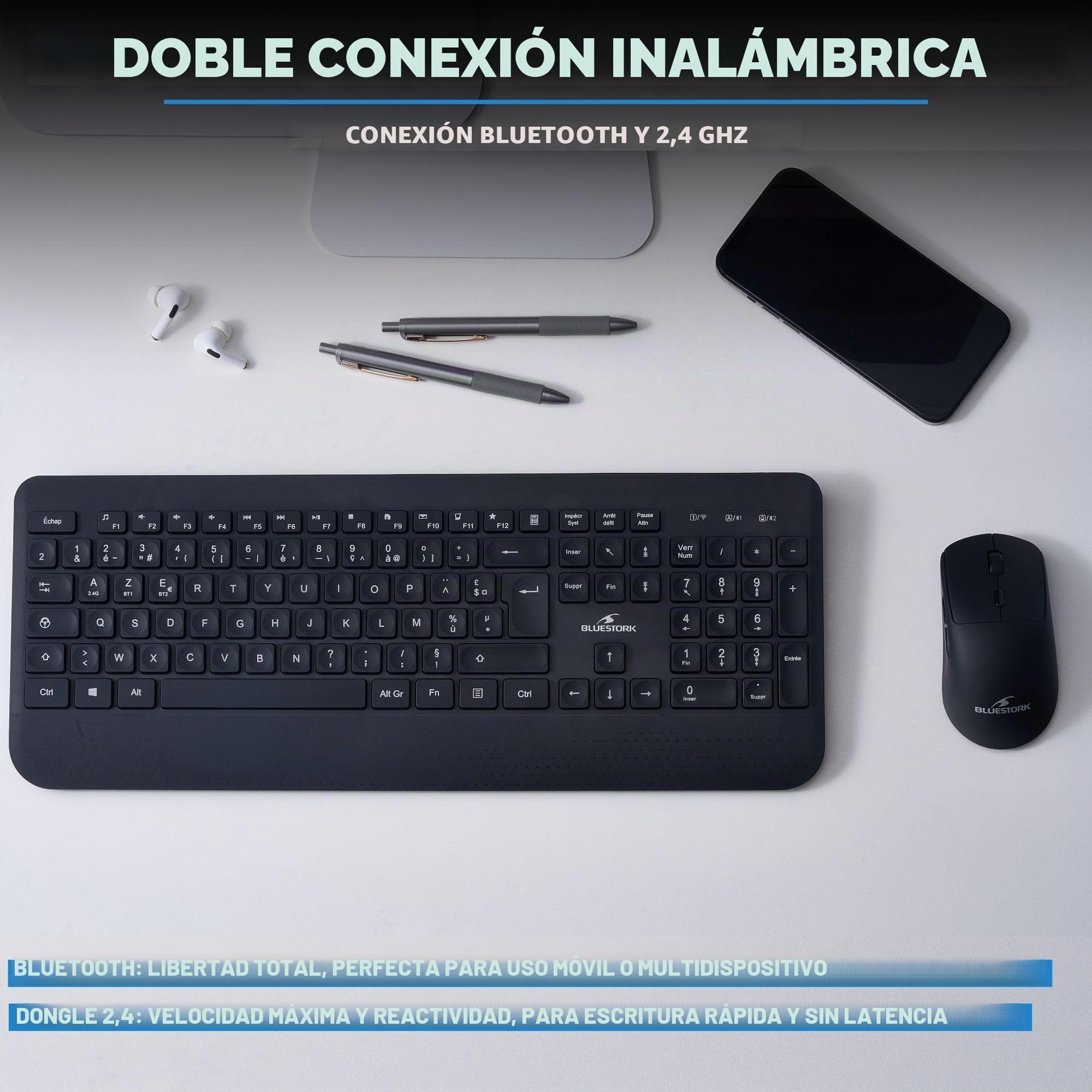 Bluestork – Paquete de Escritorio R2 – Juego de Teclado de ratón Doble conexión Bluetooth / 2,4 GHz – Teclado inalámbrico AZERTY FR, Recargable y ratón inalámbrico Ligero – 120 Horas de duración – PC