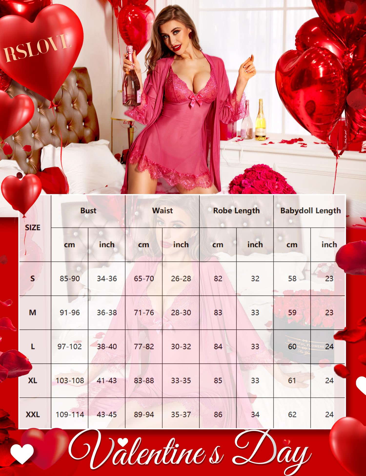 RSLOVE Lingerie Donna Sexy Babydoll in Pizzo Camicia da Notte Set di Pigiama Completo Intimi Vestaglia A Rete