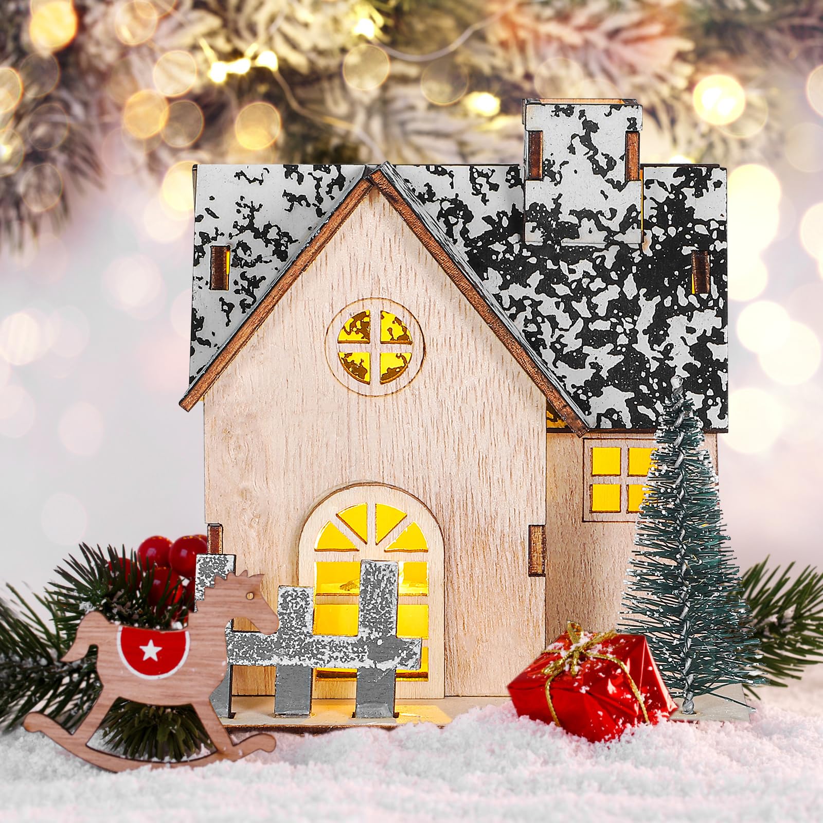 TOYANDONA Lot de 3 maisons de village de Noël en bois avec éclairage LED pour décorations de table de Noël