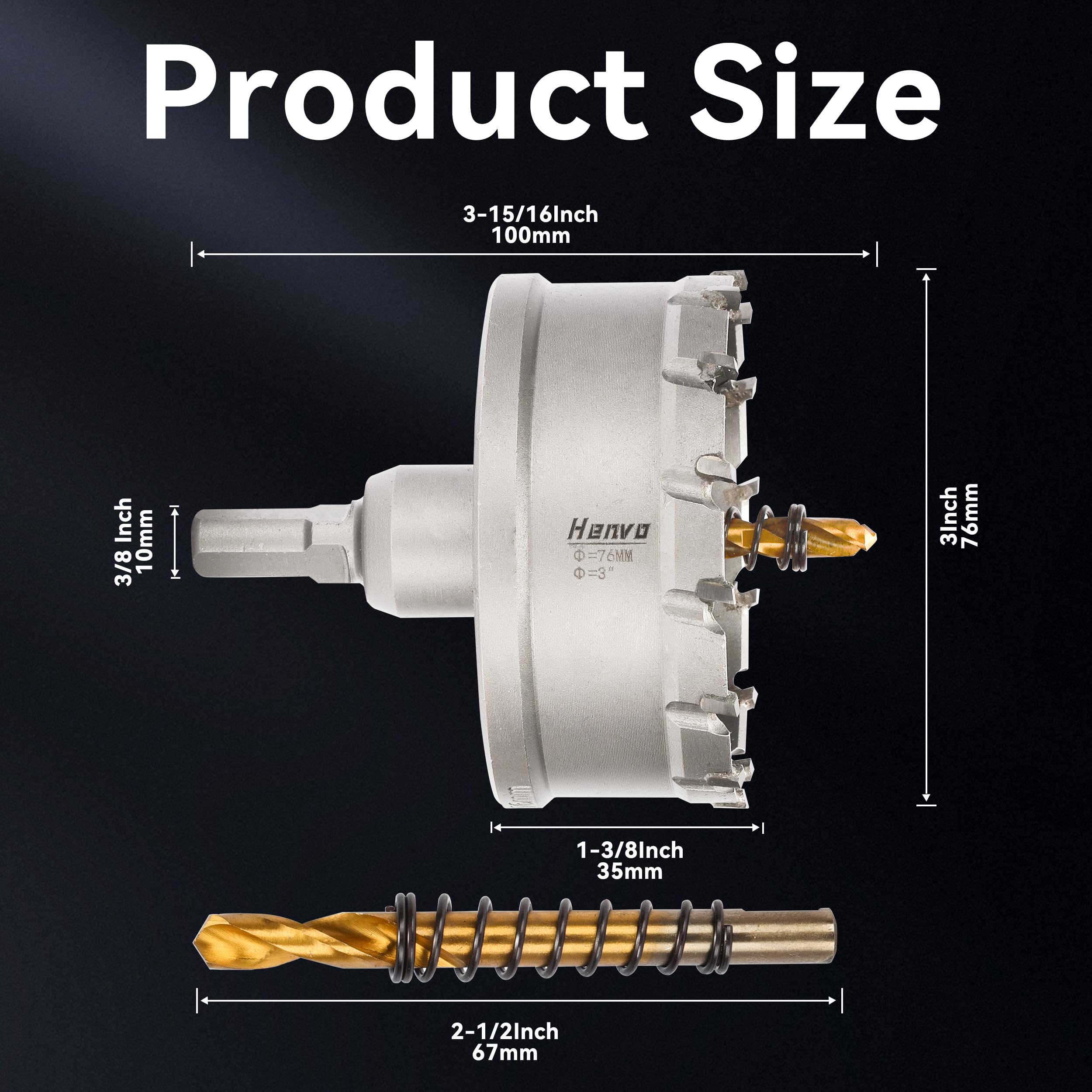 Sierra perforadora de 76 mm, cortador de metal con punta de carburo de tungsteno resistente para taladro con 2 brocas piloto chapadas en titanio, para acero inoxidable, acero suave, hierro