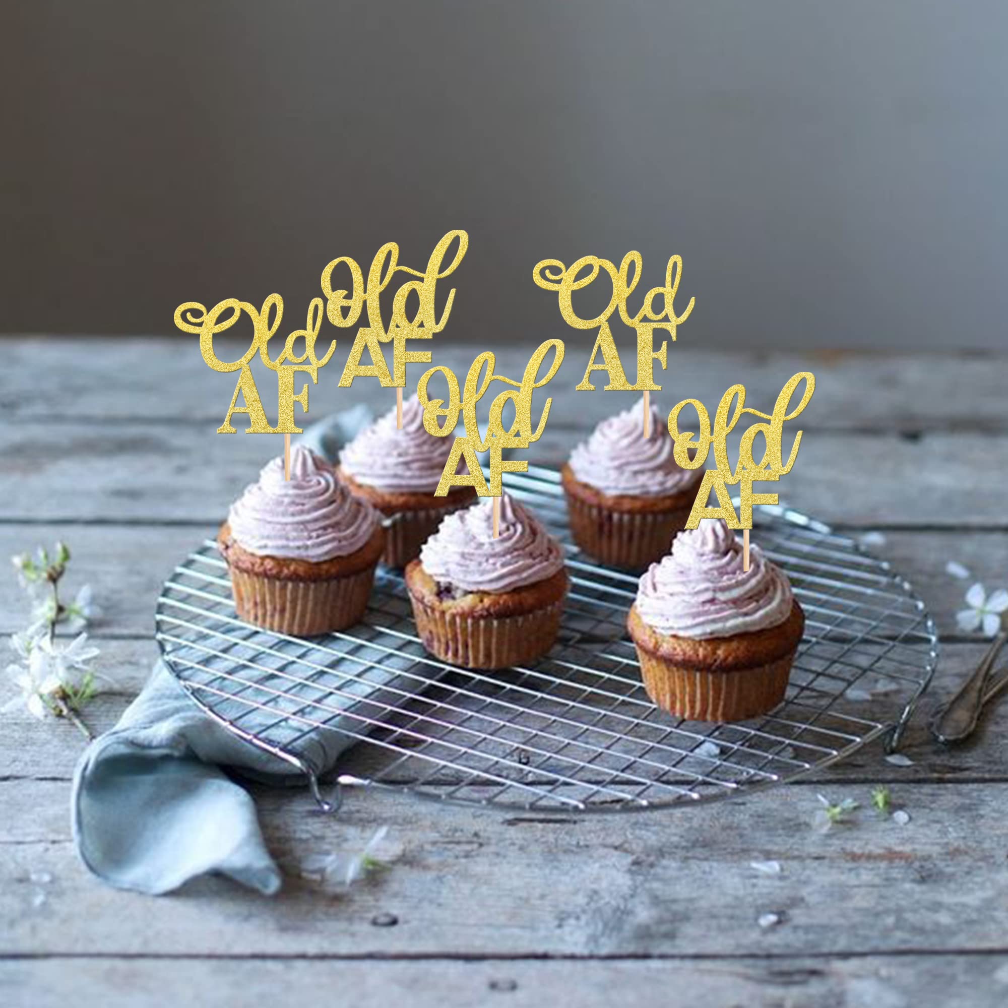 Rsstarxi 24 Stück Cupcake-Topper 'Old AF' Mit Glitzer – Für 15., 16., 17., 20., 40., 50., 60., 70. Geburtstag – Goldene Deko Für Kuchen & Desserts