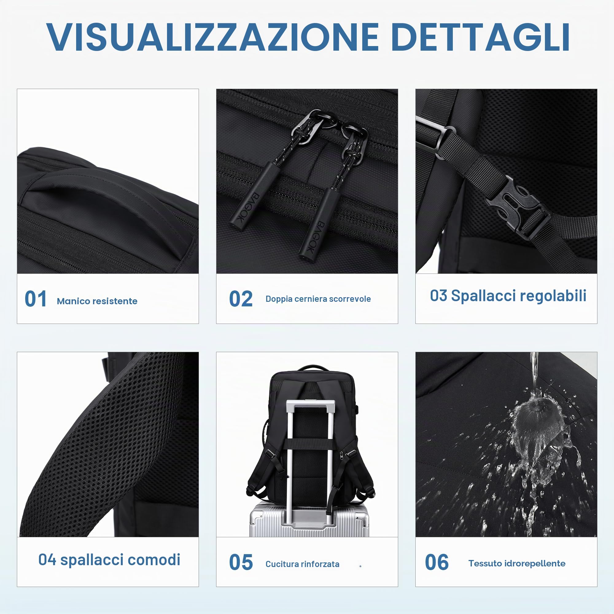BAGOK Zaino Viaggio Pieghevole Impermeabile, Zaino Uomo di Grande Capacità per Lavoro, Università, Sport, Viaggio, Zaino da Cabina con Tasca Antifurto e Scomparto per Portatile