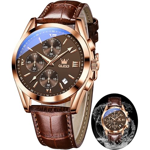 OLEVS Mens Leather Watch,Fashion Casual Dress Analog Chronograph Watches for Men,Classic Luxury Big Face Waterproof Mens Watches,Blue/Black/Brown/White Dial