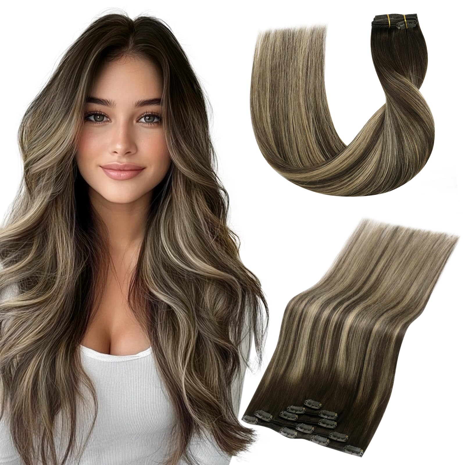 Vivien Brown Clip in Hair Extensions Darkest Brown to Light Brown Balayage Hair Extensions for Women Clip in Hair Extensions Human Hair 22 Inch 120g 7pcs #2/8/2 — view 22