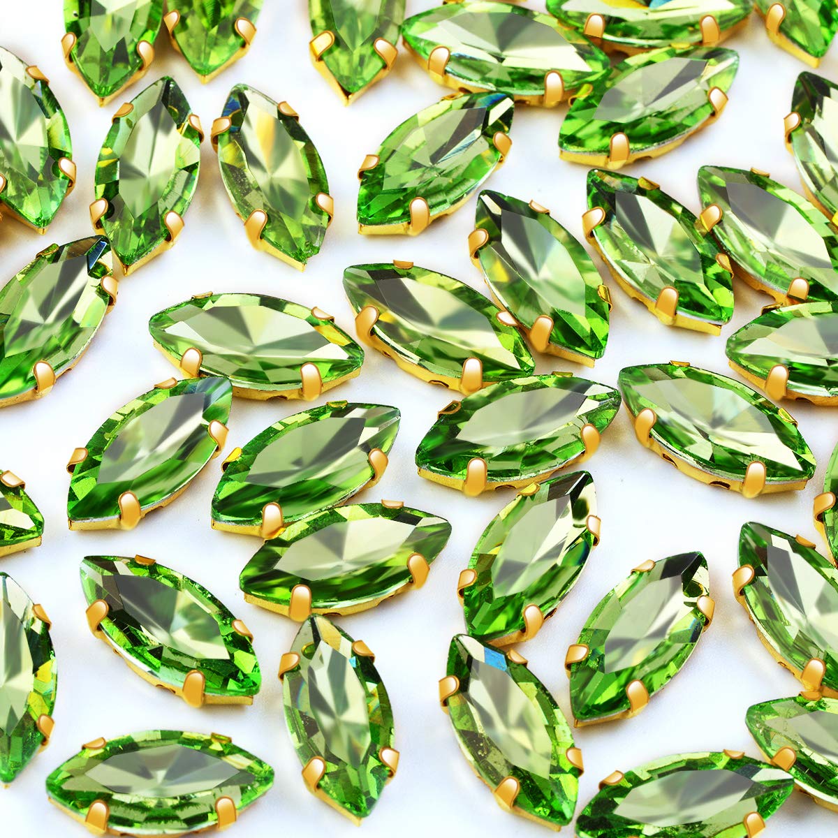 50Pcs Sew on Rhinestones 7x15 mm Flatback Glass Rhinestones Horse Eye Rhinestones with Gold Claw for DIY Crafts Clothes Bag Shoes,Light Green