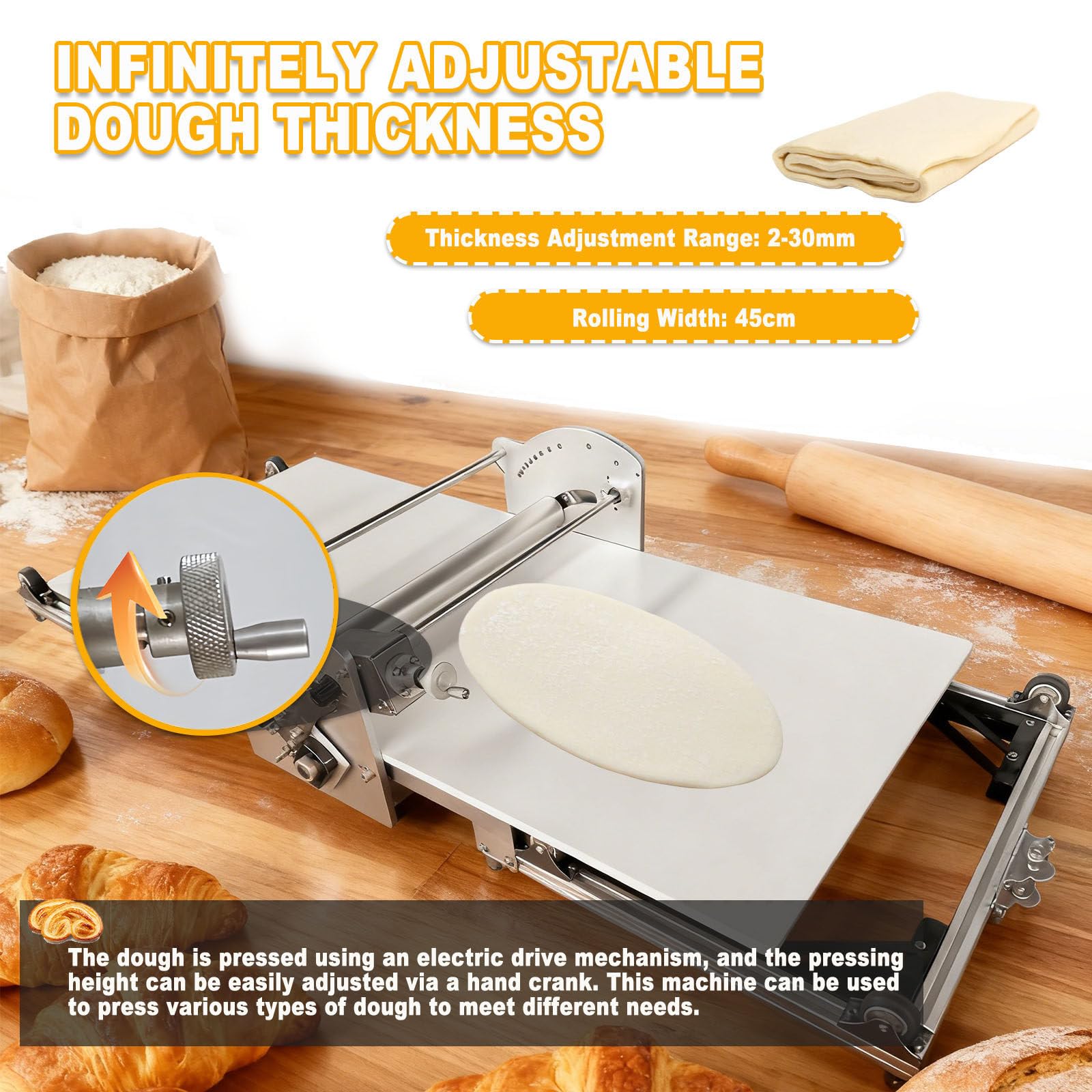 Sfogliatrice Automatica per Pasta Sfoglia, Sfogliatrice Pieghevole per Panetteria/Pizza/Croissant/Pasta Fondente, Acciaio Inossidabile + Spessore Regolabile 2-30 Mm + Impasto Reversibile