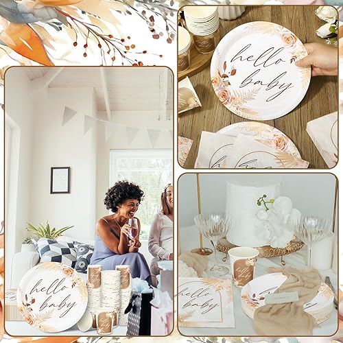 Vista 227 de Hushee Juego de 200 platos florales de papel para baby shower, servilletas, tazas, suministros de fiesta de baby shower, juego de vajilla desechable