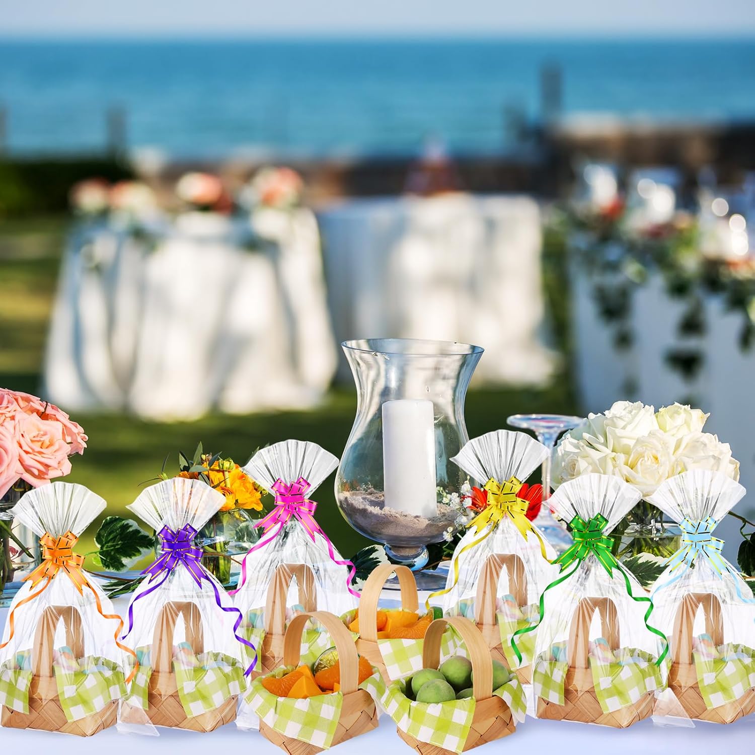 24 Pcs Mini Woven Baskets with Handles 24 Paper Napkins 30 Plastic Bags 30 Multicolor Bows 30 Metallic Twist Ties Flower Fruit Picnic Chip Bucket for Wedding Party Gift Decoration (Green Plaid)