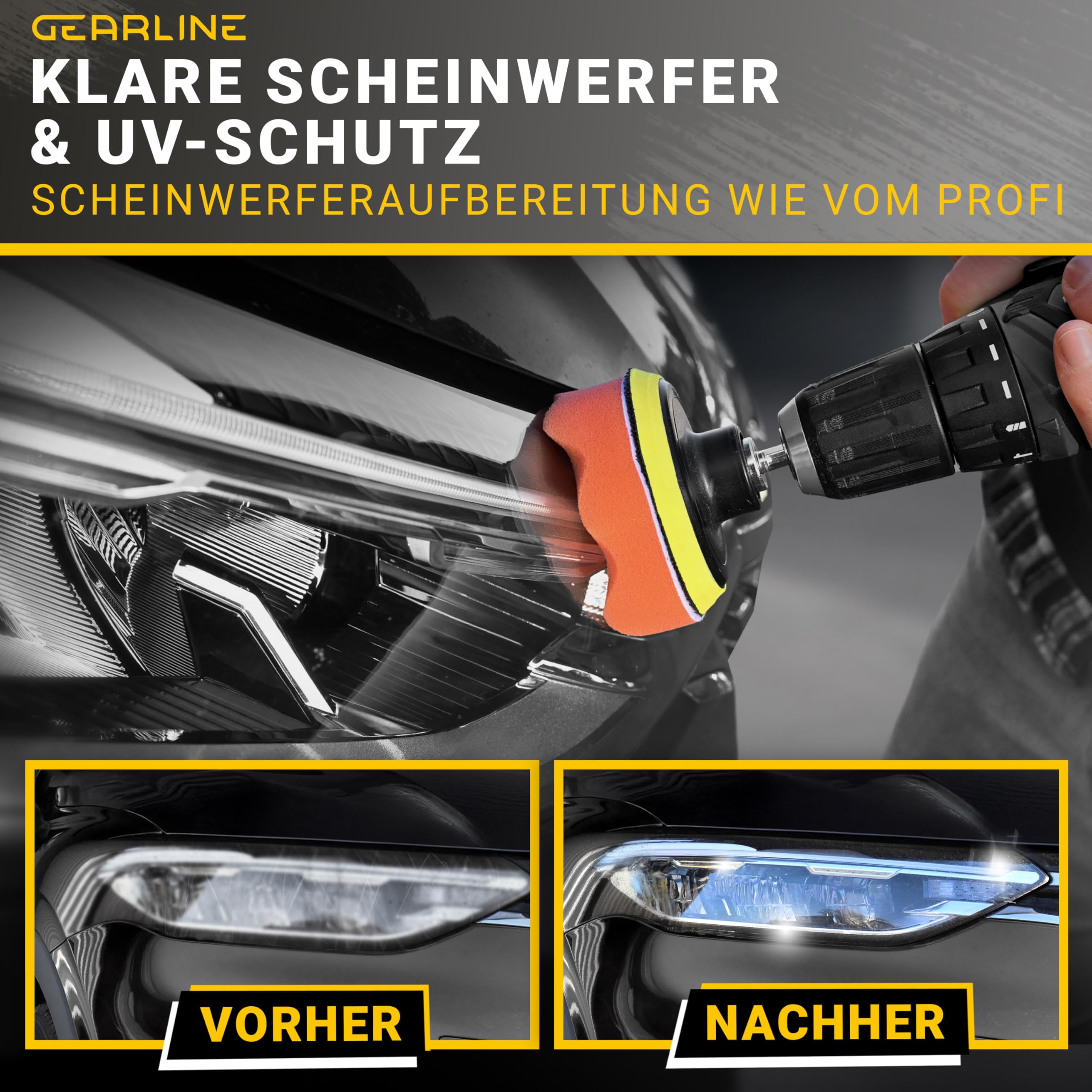 Scheinwerfer Aufbereitung Set [24 Teile] - Polierset für matte & blinde Scheinwerfer - Inkl. UV-Schutz, Polierpaste, Adapter & 14 Schleifscheiben - Auto Polierset zur Aufbereitung