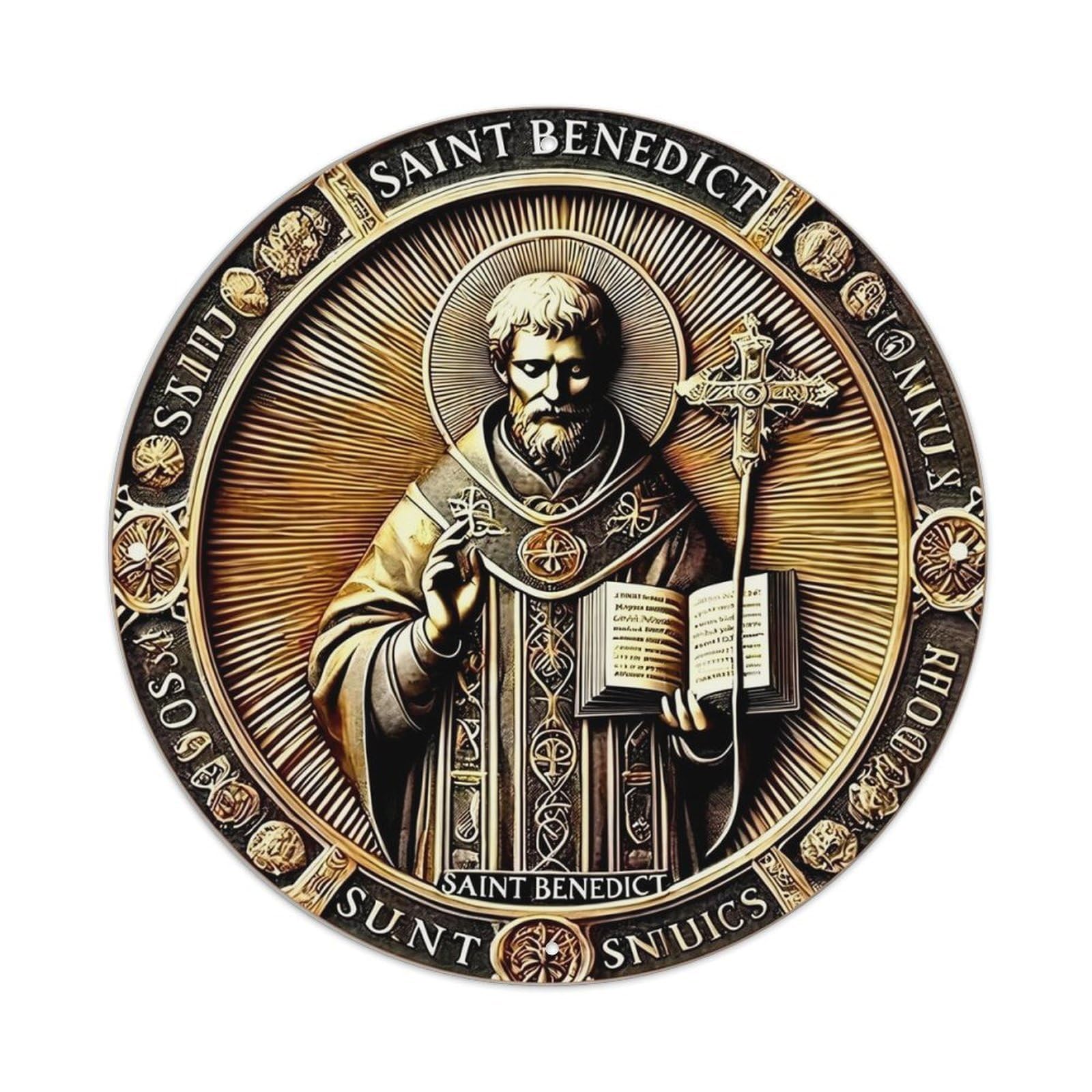Saint Benedict Medal Design Vintage Round Tin Sign Retro Metal Wall Decor Metal Poster, Home Bar Garage Cafe Wall Art Decoration 8x8Inches