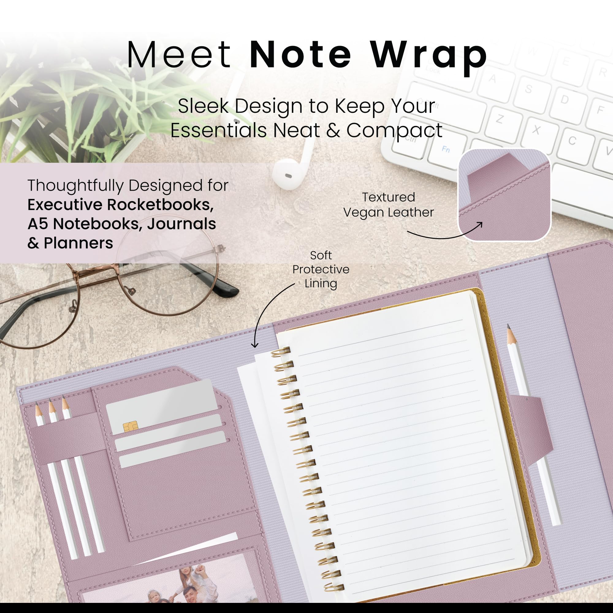 A5 Notebook Cover for Rocketbook Planner & Journal, Slim Vegan Leather Folio with Pen Loop, Card Slots & Pockets - Image 2