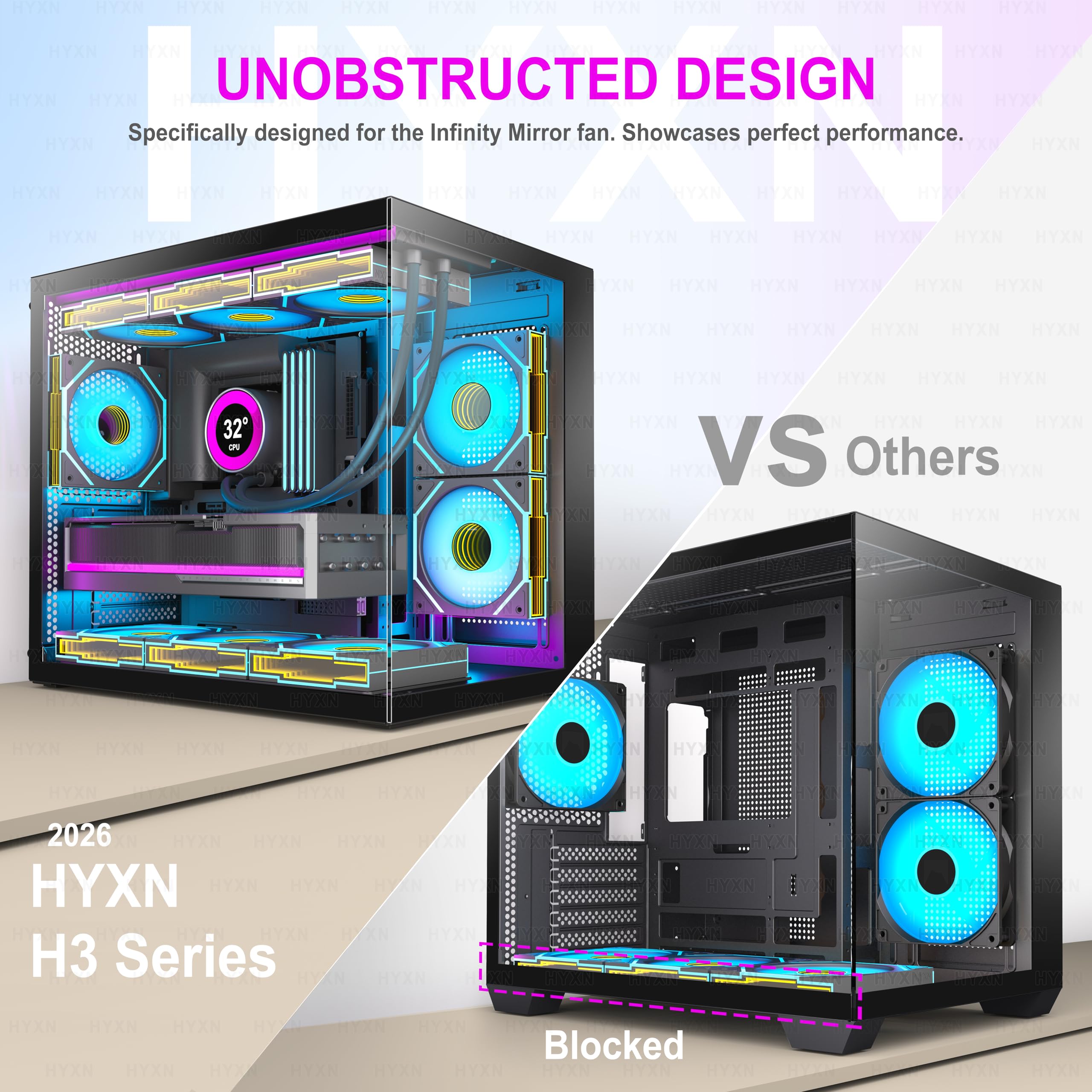 H3 ATX PC Case - Pre-Installed with 6 Infinity Mirror PWM ARGB Fans - Compact Dual Cavity Mid-Tower Gaming PC Case,360mm Radiator Support - with Type-C 3.2 (Black) - 4