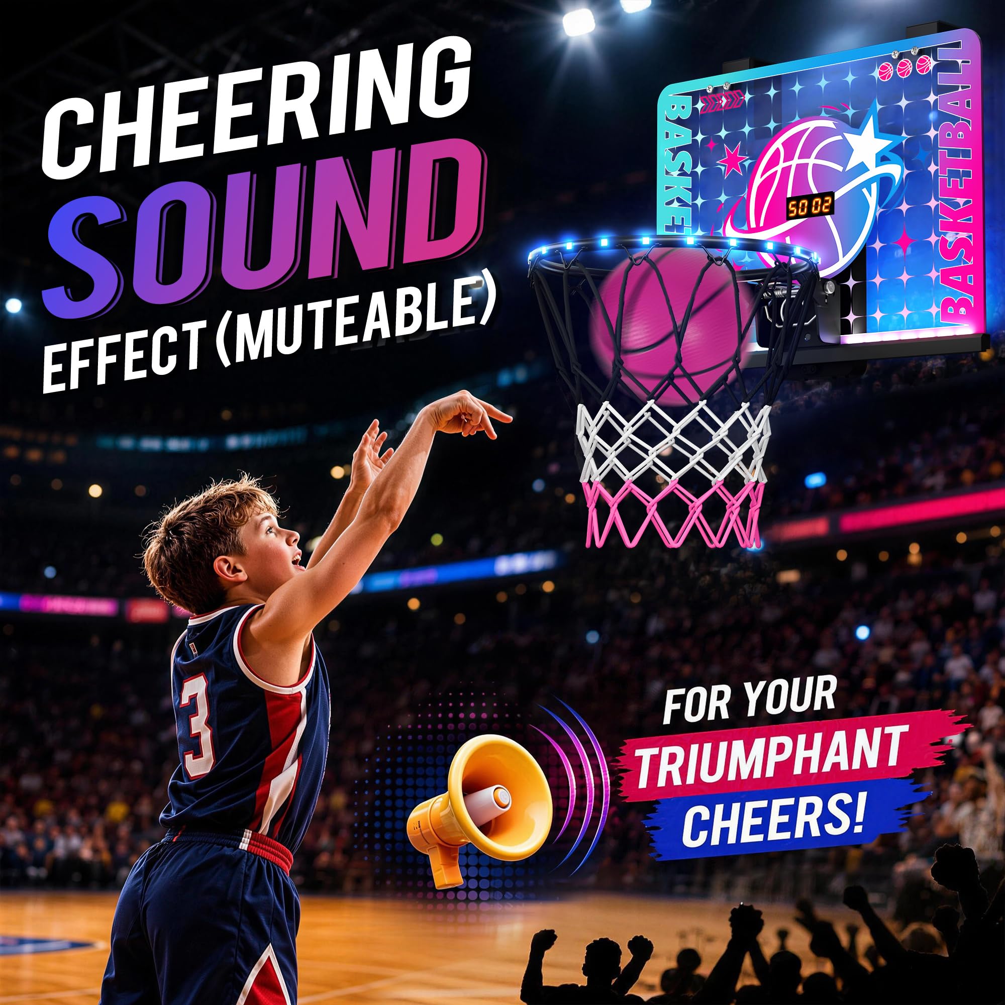 ROPODA Canasta de Baloncesto Infantil, Mini Canasta Baloncesto Habitacion con luz LED, Control Remoto & Marcador, Regalos de Cumpleaños de Navidad para Niños y Niñas de 3+ Años, Azul & Morado