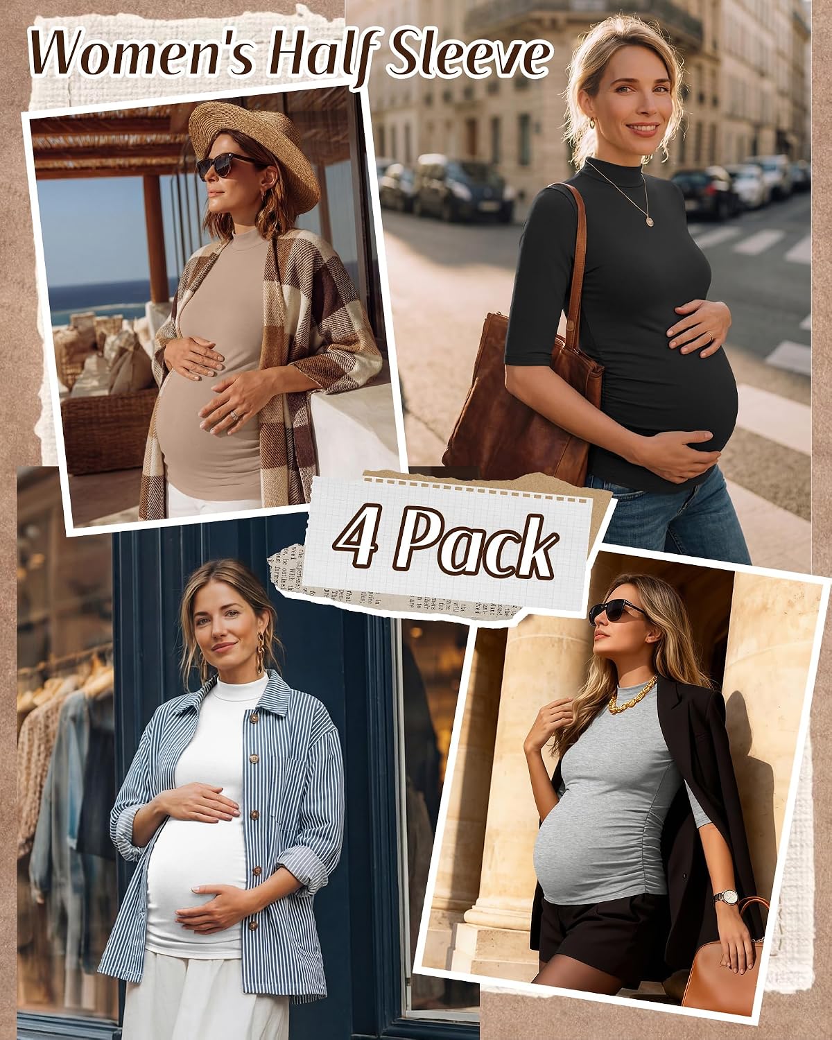 4 Pack Women's Maternity Tops Pregnancy Work Shirts Mock Turtleneck Half Sleeve Side Ruched Fall Maternity Outfits